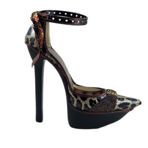   Ankle Strap Shoe Ring & Earring Holder Display Brown Animal Print Heel