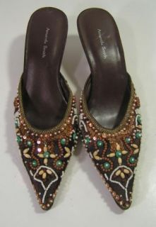 Amanda Smith New Brown Beaded Front Pointed Slides Mules Heels Womens 