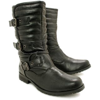 New Womens Flat Buckle Quilted Biker Ankle Boots Size