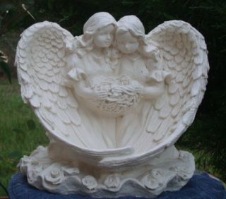 Twin Girl Angel Birdfeeder White Concrete Cement Statue Memorial 