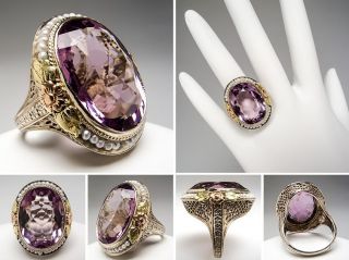 Antique Natural Amethyst Seed Pearl Cocktail Ring Solid 14k Gold Fine 