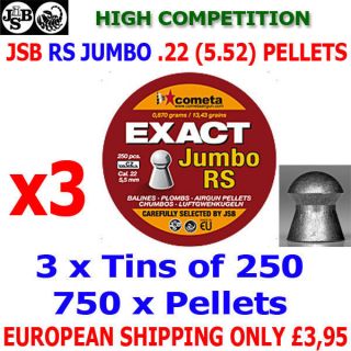 JSB EXACT RS JUMBO .22 5.52mm Airgun Pellets 3(tins)x250pcs (HIGH 