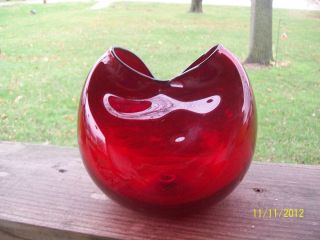 Vintage Blenko Ruby Red Hand Blown Art Glass Pinched Vase