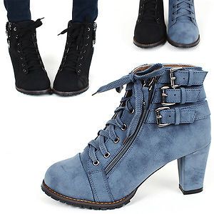   punk goth triple buckle zipper lace up med heels combat ankle boots