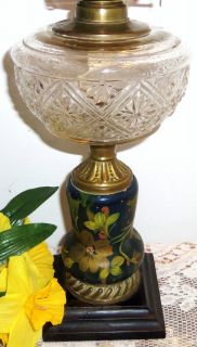 Antique Kerosene Oil Lamp EAPG Glass Font RARE Wooden Stem