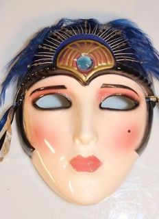   1990 CLAY ART MASK EGYPTIAN WOMAN FEATHER HEADDRESS CERAMIC WALL DECOR