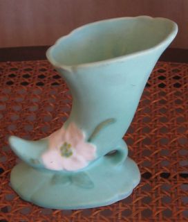 Vintage Weller Pottery Cornucopia Vase Wild Rose Matte Green