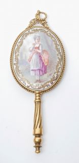 Antique Gilt Hand Mirror Backed with Painted Enamel Signed Leo 