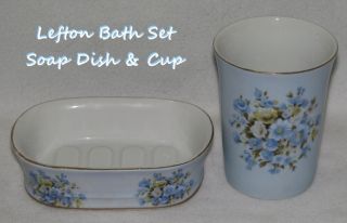 Vintage Lefton Soap Dish Cup Bath Set Blue Floral