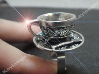 Vintage Alice In Wonderland Silver Hatter Tea Cup Party RING Cosplay 