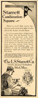 1915 Vintage Ad Starrett Combination Square Tool Athol
