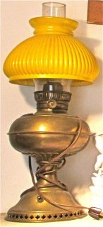 Antique Student Style Table Lamp 1900s Brass Base Yellow Glass Shade 