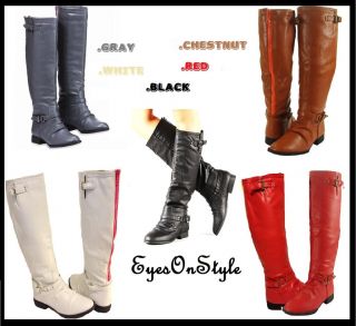 New Womens Faux Leather Knee High Zipper Buckle Boots Shoes Ladies Sz 