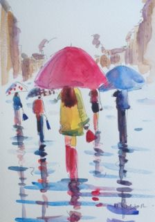 Original Watercolour Painting City Rain Listed By The Artist