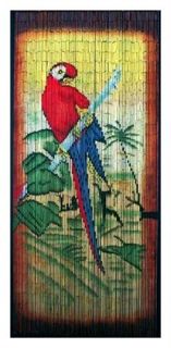 Bamboo Privacy Curtain w Painted Parrot in Red and Blue