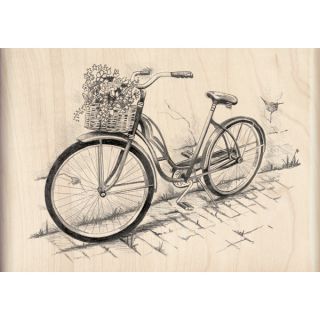   Bicycle Antique Bike Flower Basket Sketch Rubber Stamp 5X3