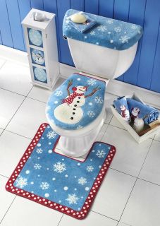NEW 3PC SNOWMAN BATH RUG SET TOILET SEAT COMMODE COVER CHRISTMAS 