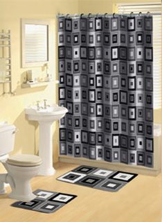 Bath Rugs Shower Curtain Bathroom Mats 15 PC Set Blocks