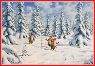 Scandinavian Swedish Christmas Poster Print Tomte Gnome Skiing 