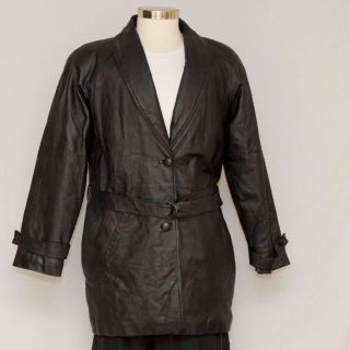 LIZ BAKER black womens insulated leather coat with belt, 2 slash 