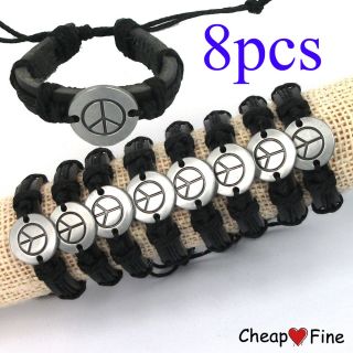 Wholesale Lots 8pcs Peace Sign Genuine Leather Bracelet