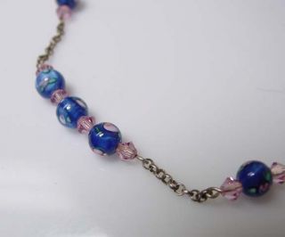   Estate Sterling Silver & Venetian Glass Bead Necklace w/Pink Crystals