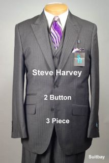 52R Suit Steve Harvey 2 Button 3 Piece Grey Striped Mens Suits 52 