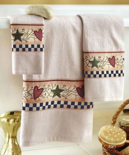    Hearts And Stars Berries Folk Art Bathroom Bath Hand Towel Set Decor