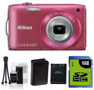   Coolpix S3300 Digital Camera PINK +16GB Kit +XTRA BATT+USA WARRANTY
