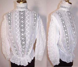 Victorian Vintage White Cotton Batiste Embroidered Lace Bodice Blouse 