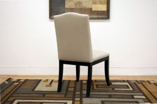 New Beige Linen Fabric Modern Dining Chairs Silver Nail Head Black 