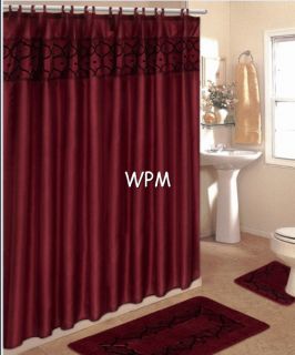 15 piece BATHROOM rugs set BURGUNDY bath rug fabric shower curtain mat 