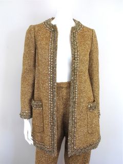 Geoffrey Beene Vintage Brown Tweed Beaded Pant Suit with Jacket 44 191 