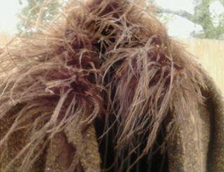 Betsy Johnson PEBBLED Brown Wool Blend Coat with Ostrich Feathers $365 