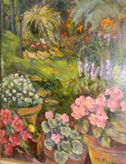 Vintage Oil Painting Thelma Childers 1902 2004 Garden Scene w Flowers 