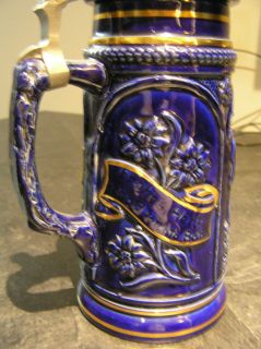 German Stein by Corzelius COBALT Blue Gold Pewter band thumb lid