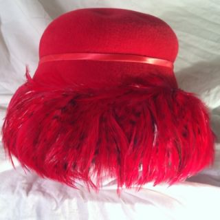 ROBERTA BERNAYS Original Vintage Red Cloche Hat With Feathers