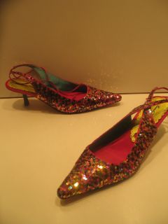 BEVERLY FELDMAN pink sequin sparkle multicolor heel tieback shoes 