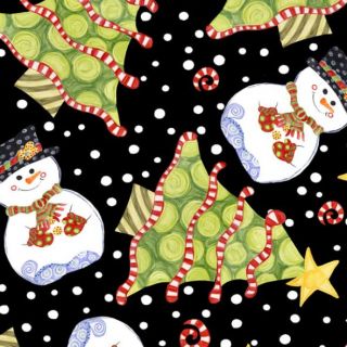Jolly Holiday Snowmen Christmas Trees on Black Fabric in The 