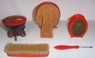 Vintage Redish Orange & Black Dupont Lucite Dresser Set Pieces