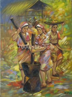 Pagbayo NG Bigas 18x24 Philippine Folk Pinoy Art Oil Painting Free 