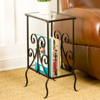 Black Metal Magazine Table End Accent Tempered Glass Top & Shelf Rack 