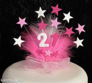 Pinks White Star Birthday Cake Topper with Feathers 18th 21st 30th Etc 