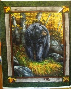 Black Bear in Woods Quilt Panel Fabric Wallhanging
