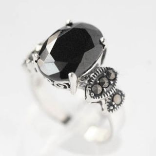 Black Onyx & Marcasite Sterling Silver Ring Sz 8