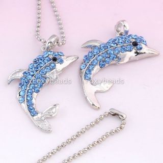 1P BLUE CRYSTAL *CUTE DOLPHIN* SILVER PLATE NECKLACE BEAD PENDANT 26L 
