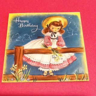 C528 Vintage Birthday Greeting Card Girl With Pink Checkered Dress On 