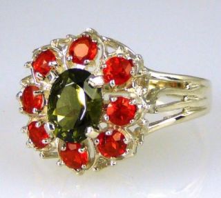 MOLDAVITE Mexican Fire Opal Ring 925 Sterling Silver