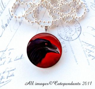 Red Eye Raven with Black Magic Round Pendant Glass Necklace Gothic 