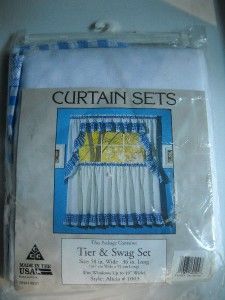 Window Curtain Set Tiers Swag Blue White Gingham Lace